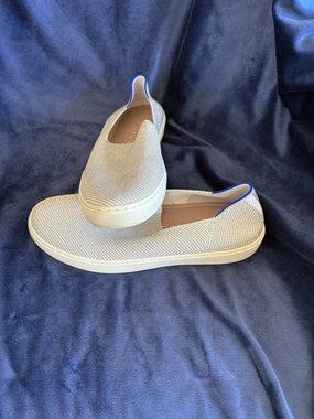 Rothy's Slip-On Flats in Light Beige with Blue Trim